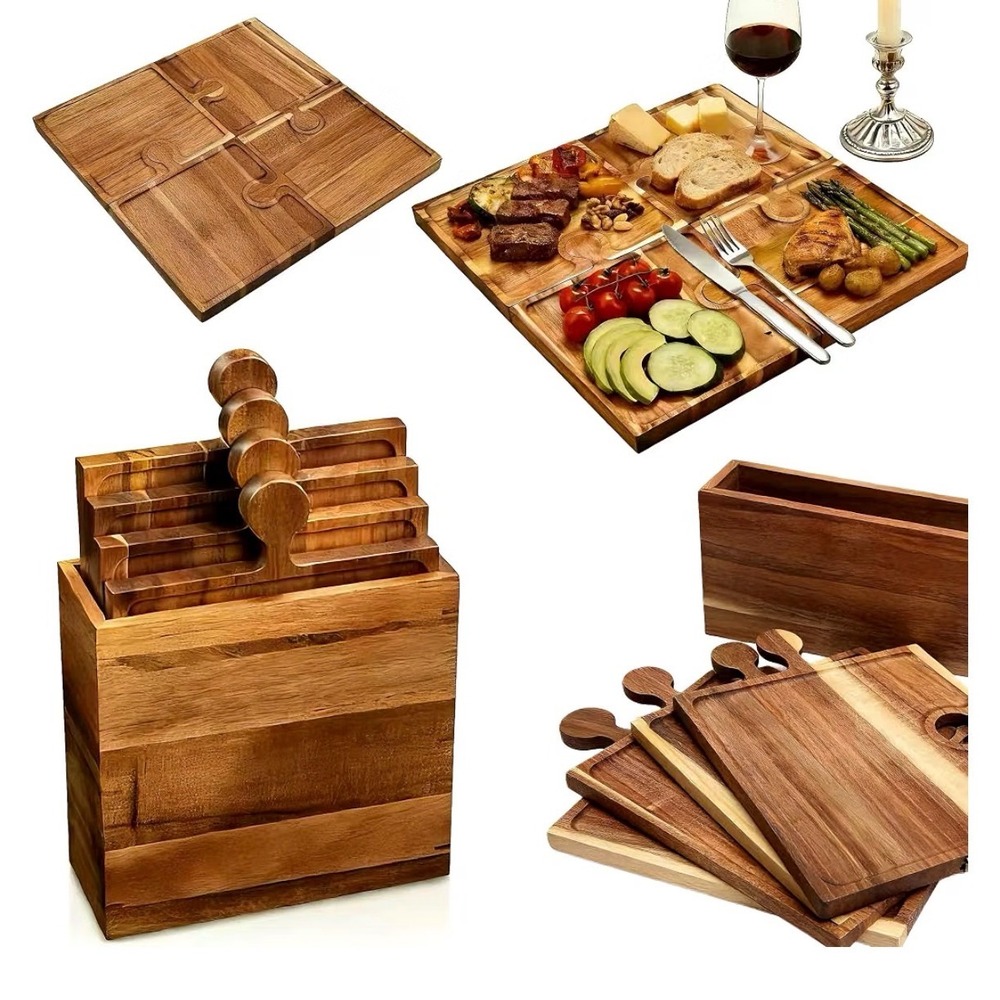Acacia Wood Puzzle Piece Charcuterie Board Set 4 Interlocking Trays with Crate